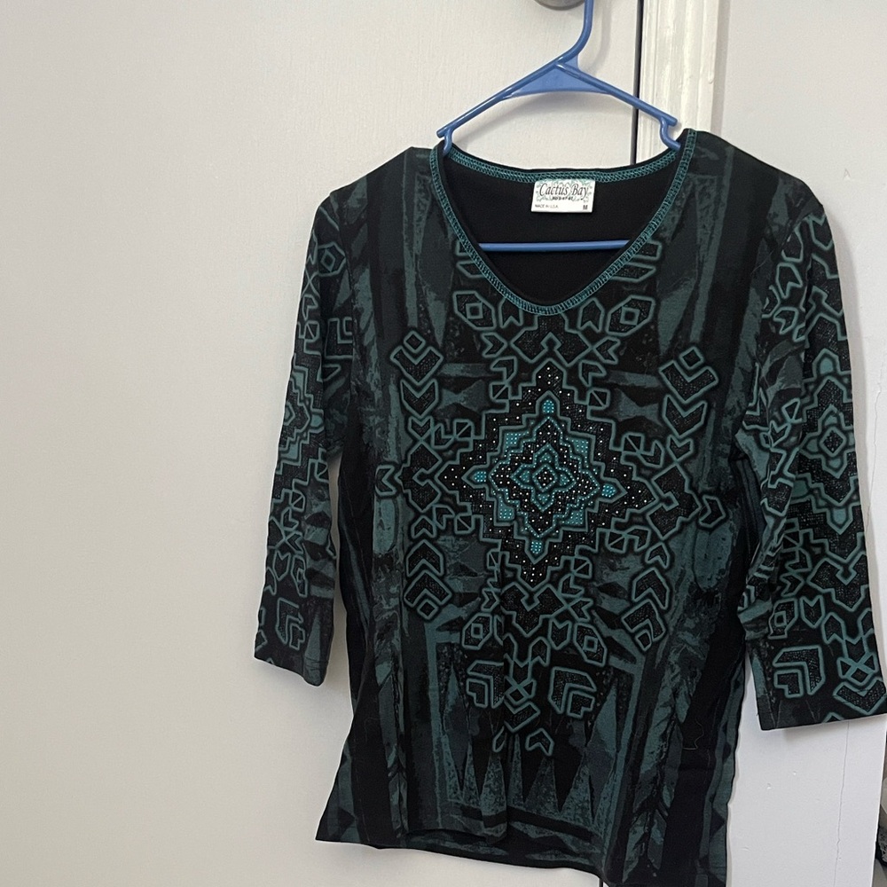 Made in USA Cactus Bay 3/4 Sleeve Cotton Top with Rhinestones